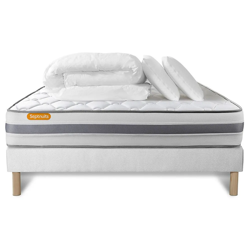 Pack sommier tapissier matelas Ressorts ensachés et mémoire de forme avec couette et oreillers>Sept Nuits New