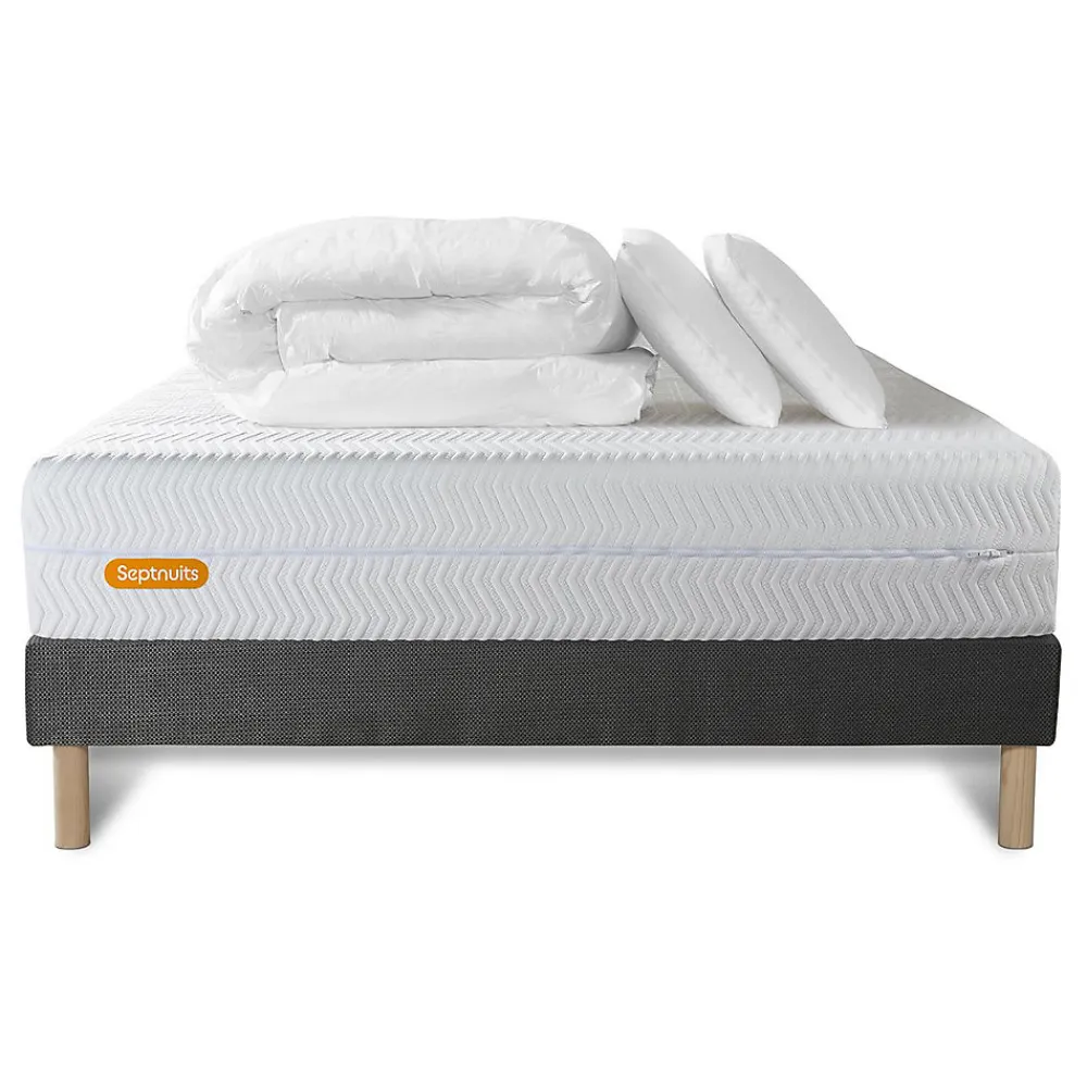 Sept Nuits Pack sommier tapissier matelas Mémoire de forme avec couette et oreillers* Ensemble Sommier Et Matelas