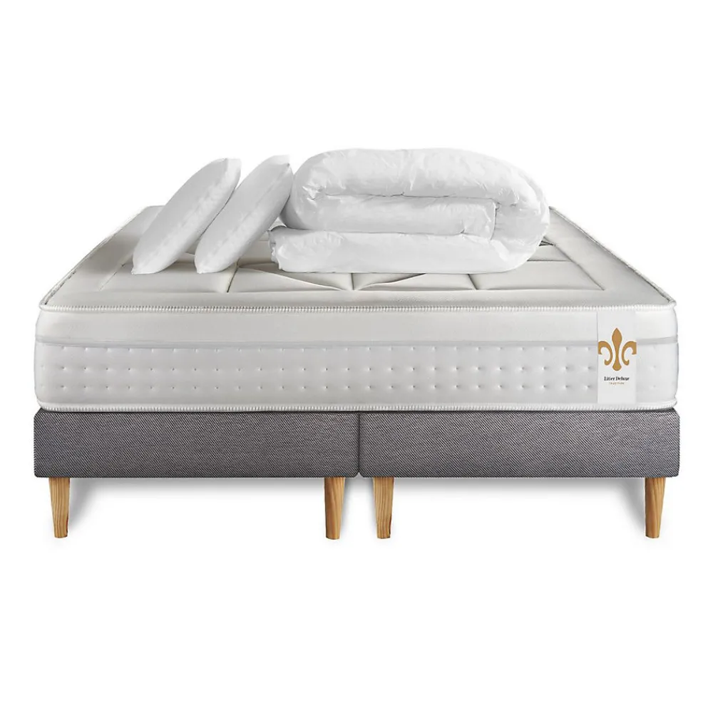 Pack sommier tapissier matelas Ressorts ensachés et mémoire de forme avec couette et oreillers>Litier Deluxe Discount