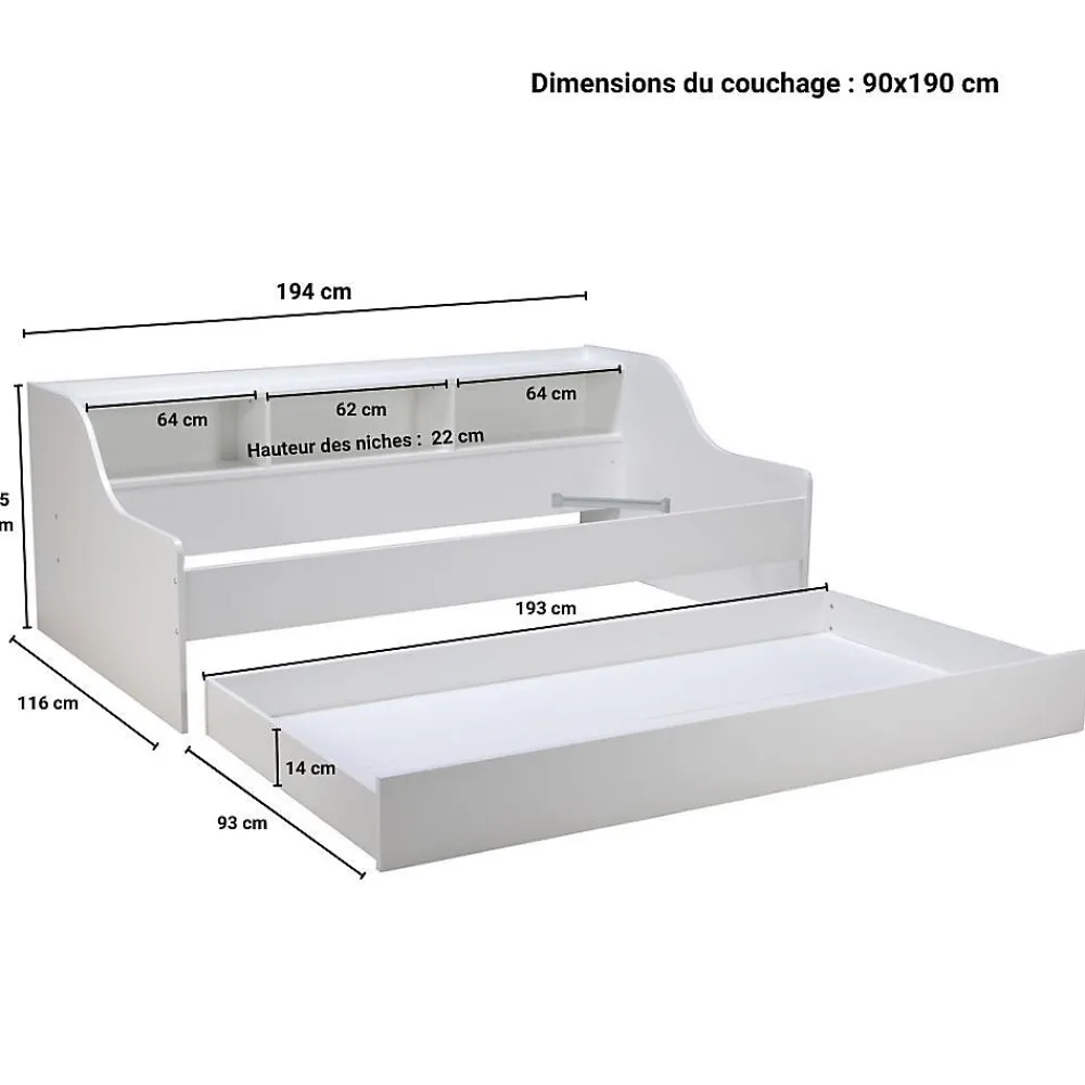 Weber PALMA Lit enfant contemporain mélaminé blanc - l 90 x L 190 cm* Lit Gigogne