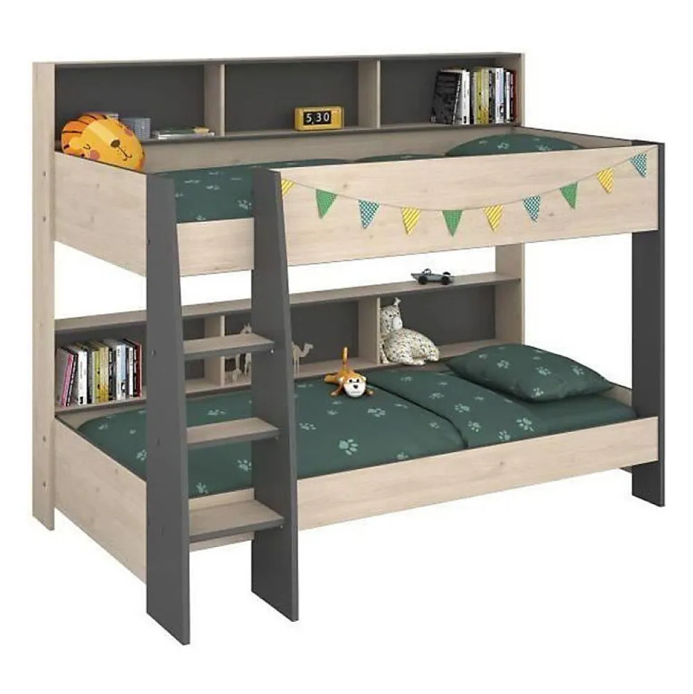 Lits superposes enfant - Decor Chene Jackson et Gris Ombre - Sommiers inclus - 2 x 90 x 200 cm - JIM>Parisot Best