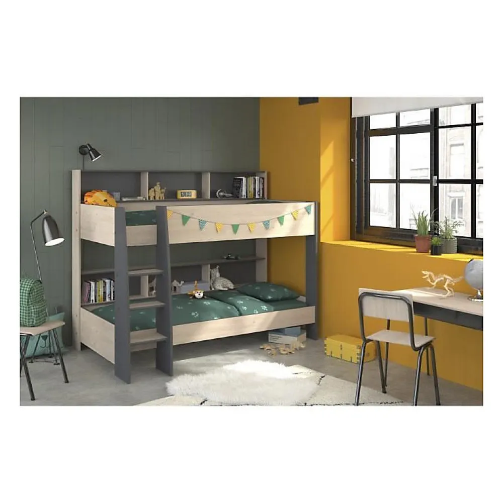 Lits superposes enfant - Decor Chene Jackson et Gris Ombre - Sommiers inclus - 2 x 90 x 200 cm - JIM>Parisot Best