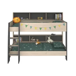 Lits superposes enfant - Decor Chene Jackson et Gris Ombre - Sommiers inclus - 2 x 90 x 200 cm - JIM><noscript><img width=