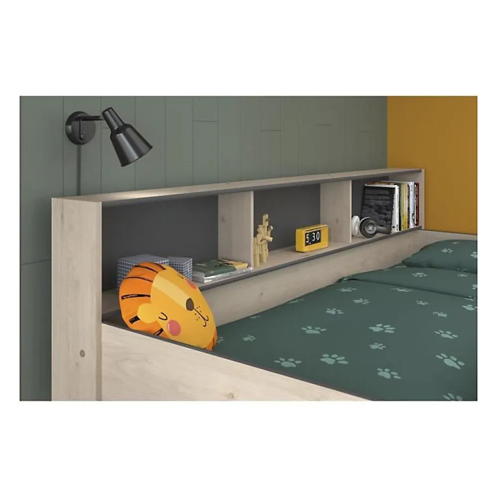 Lits superposes enfant - Decor Chene Jackson et Gris Ombre - Sommiers inclus - 2 x 90 x 200 cm - JIM>Parisot Best