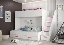 Abiks Meble PARTY 16 Lit superposé 247/165/135 (blanc/blanc/rose)*Enfant Lit Enfant