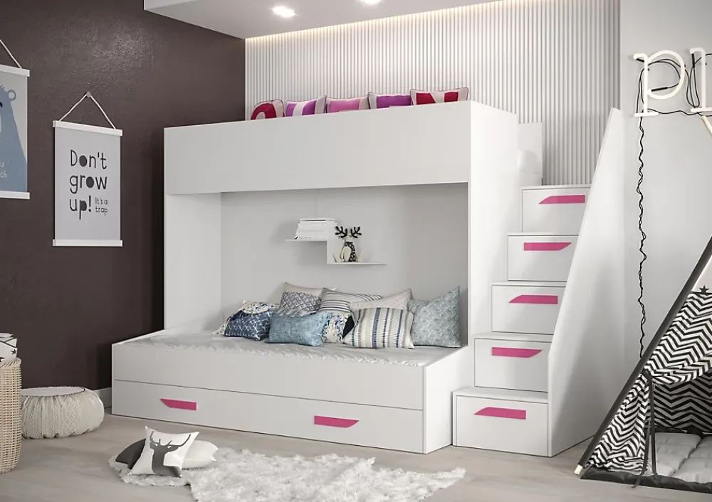 Abiks Meble PARTY 16 Lit superposé 247/165/135 (blanc/blanc/rose)*Enfant Lit Enfant