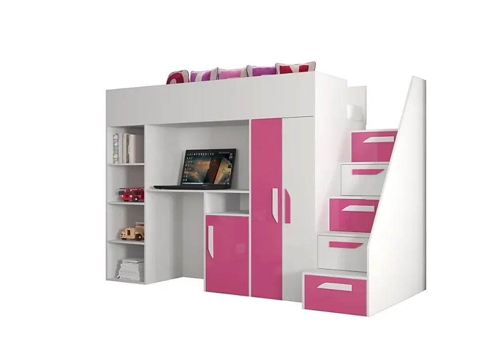 Abiks Meble PARTY 14 Lit superposé 247/165/120 (blanc/rose)*Enfant Lit Enfant