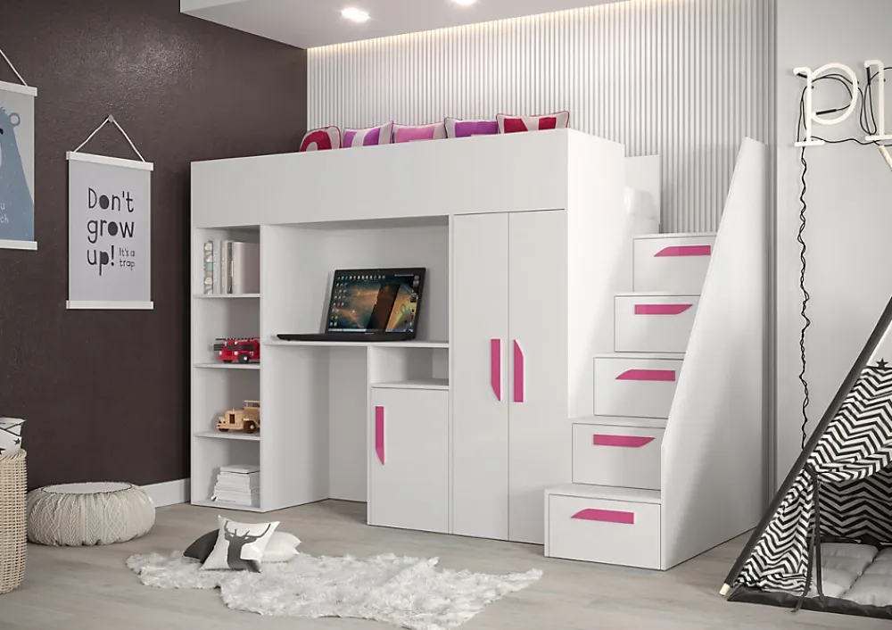 PARTY 14 Lit superposé 247/165/120 (blanc/blanc/rose)>Abiks Meble Outlet