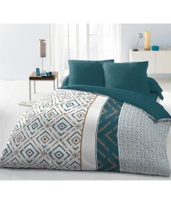 Parure de couette Microfibre ETHNO 220x240cm et 2 taies d'oreillers 63x63cm Bleu Canard>Home Linge Passion Outlet