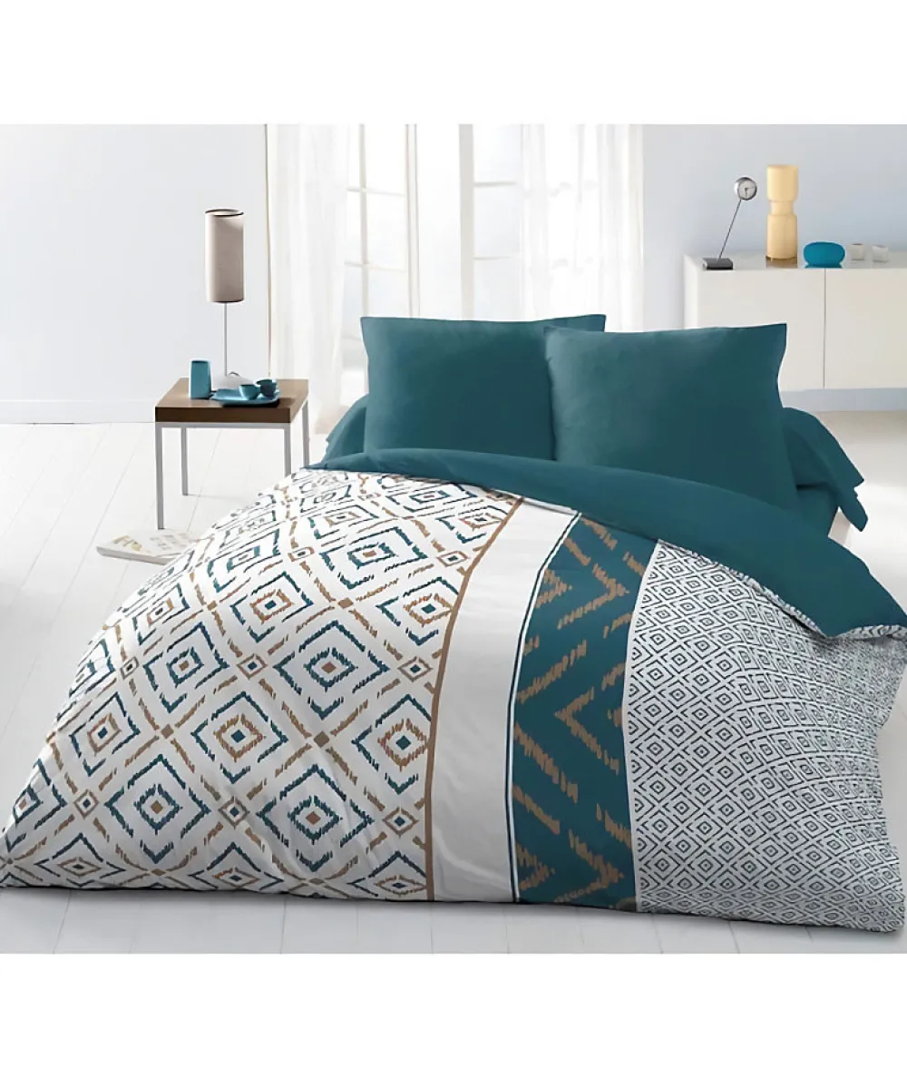 Parure de couette Microfibre ETHNO 220x240cm et 2 taies d'oreillers 63x63cm Bleu Canard>Home Linge Passion Outlet