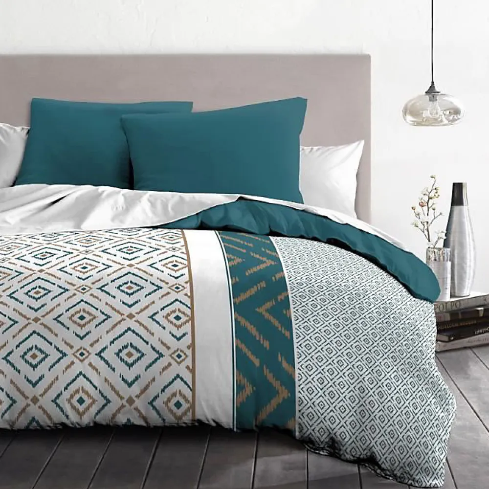 Parure de couette Microfibre ETHNO 220x240cm et 2 taies d'oreillers 63x63cm Bleu Canard>Home Linge Passion Outlet
