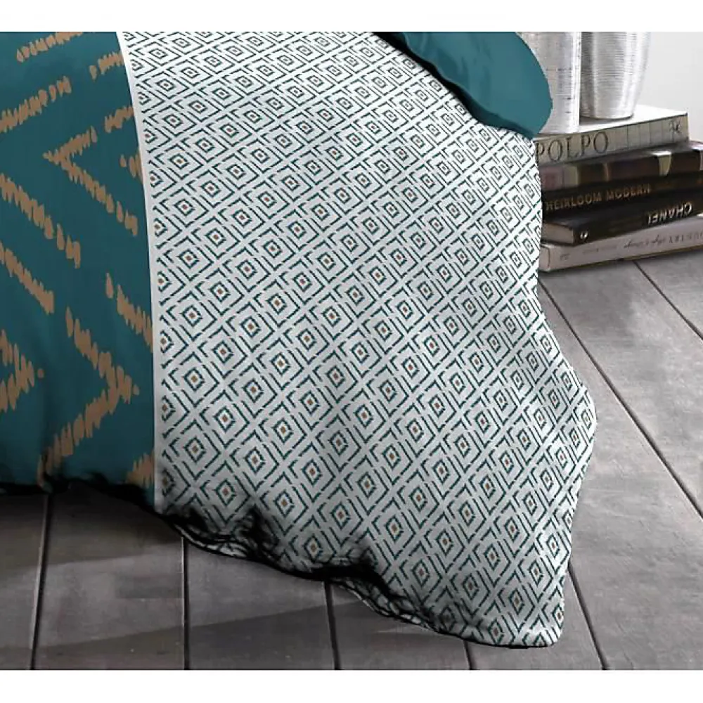 Parure de couette Microfibre ETHNO 220x240cm et 2 taies d'oreillers 63x63cm Bleu Canard>Home Linge Passion Outlet