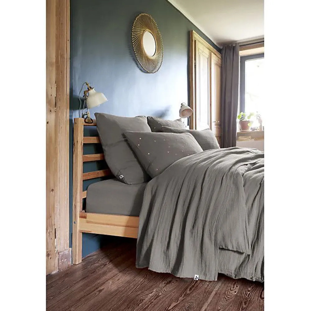 L'Effet Papillon Parure de draps 4 pièces & 5 pièces "Gaïa" Gaze de Coton - Gaïa Granit - Parure de draps 5 pièces (1 Drap plat 240 x 300 + 1 Drap* Parure De Lit