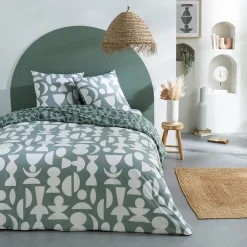 Parure de lit 2 personnes en coton 57 fils imprimé vert 240x220cm>Future Home Clearance