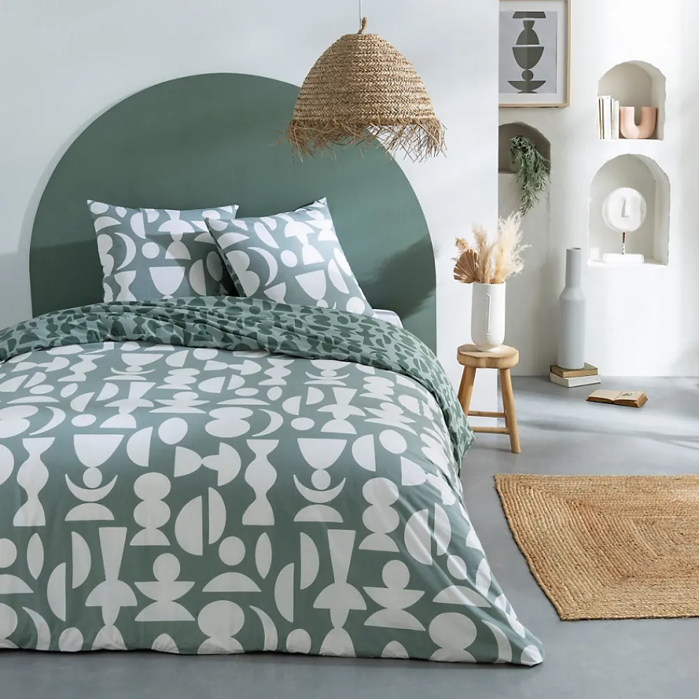 Parure de lit 2 personnes en coton 57 fils imprimé vert 240x220cm>Future Home Clearance