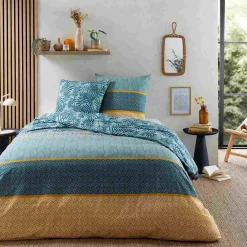 Parure de lit 2 personnes en coton 57 fils imprimé vert 240x220cm>Future Home Outlet