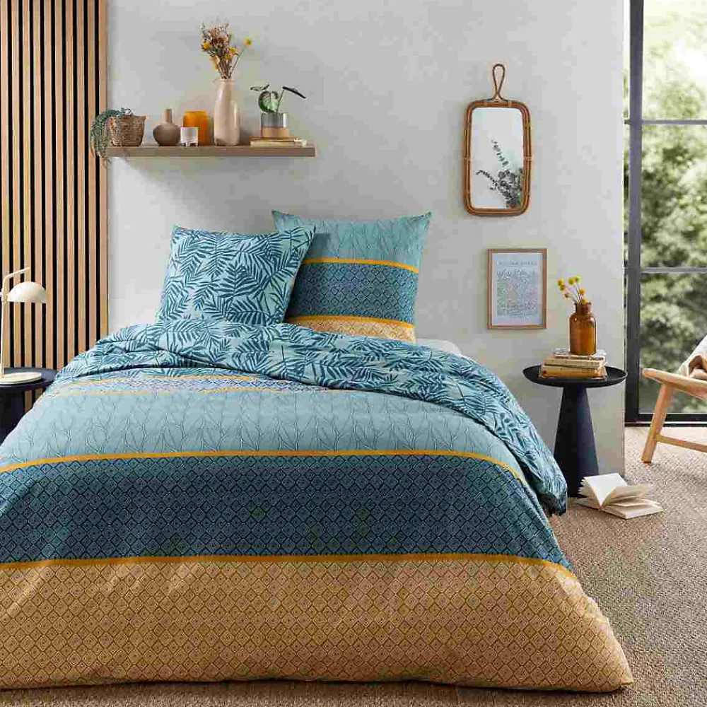 Parure de lit 2 personnes en coton 57 fils imprimé vert 240x220cm>Future Home Outlet