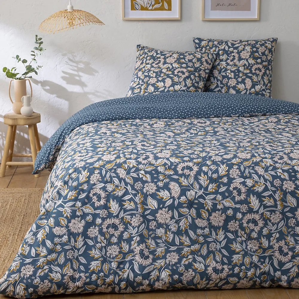 Parure de lit 2 personnes en percale 70 fils imprimé bleu>Future Home