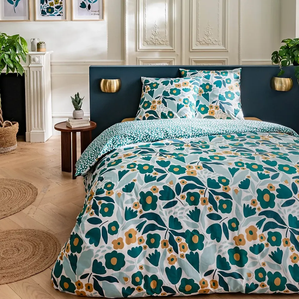 Future Home Parure de lit 2 personnes en coton 57 fils imprimé vert 260x240cm* Parure De Lit