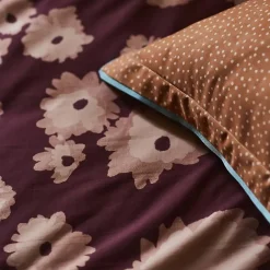 Parure de lit 2 pièces : housse 140x200 cm et taie 50x80 cm satin de coton COUP DE FOUDRE prune/caramel><noscript><img width=