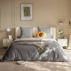 Parure de lit 4 pièces en Polyester, 160 x 200 cm, motif à carreaux esthétique en coton, résistante aux Plis , Gris>ProximaX Clearance