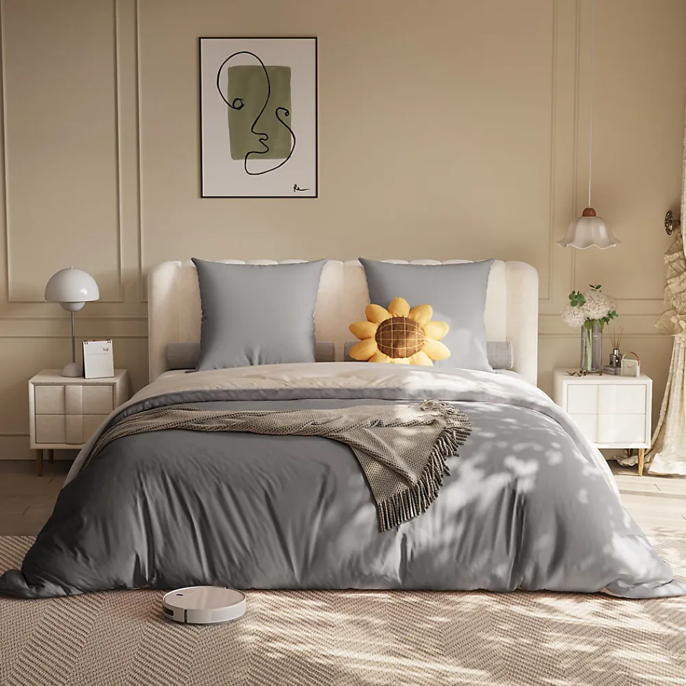 Parure de lit 4 pièces en Polyester, 160 x 200 cm, motif à carreaux esthétique en coton, résistante aux Plis , Gris>ProximaX Clearance
