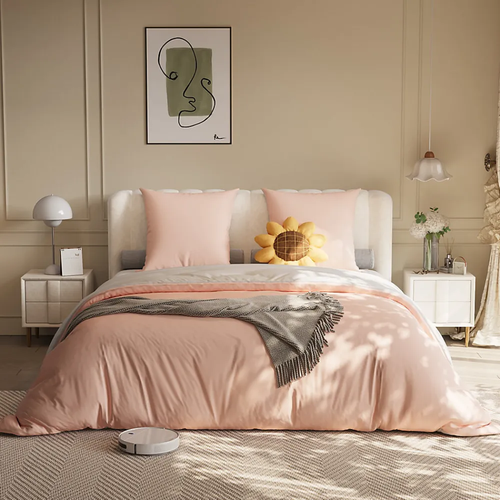 Parure de lit 4 pièces en Polyester, 140 x 200 cm, motif à carreaux esthétique en coton, résistante aux Plis, Rose>ProximaX Outlet