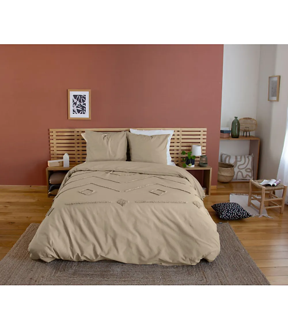 Parure de lit AKOE - 240x220 cm - Coton lavé tufté - 52 fils,cm² - 220x240cm - Taupe>Côté Déco Online