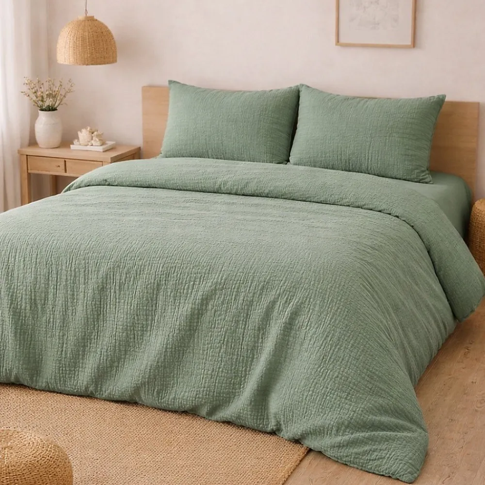 Parure de Lit en Gaze de Coton 240 x 220 cm Sauge>Promolinge Online