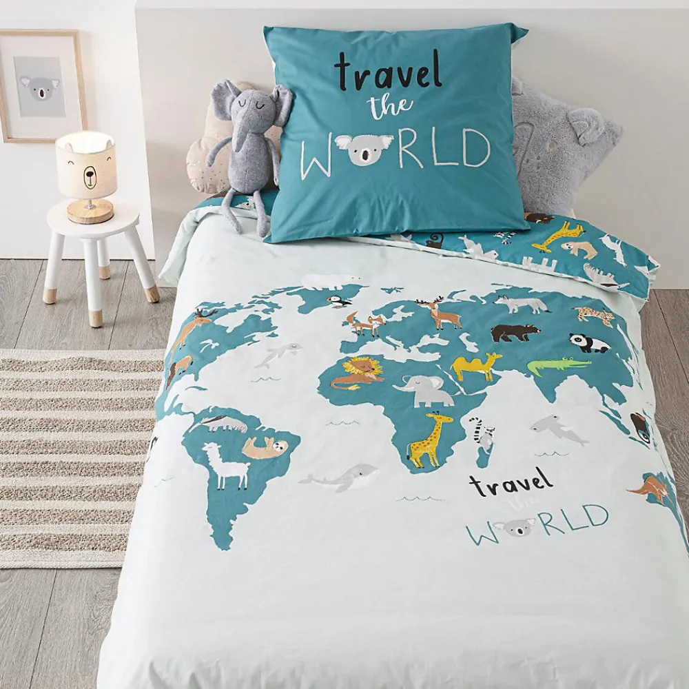 Parure de lit enfant Carte du monde - coton 140x200 cm - Atmosphera>Atmosphera Créateur D'Intérieur Discount