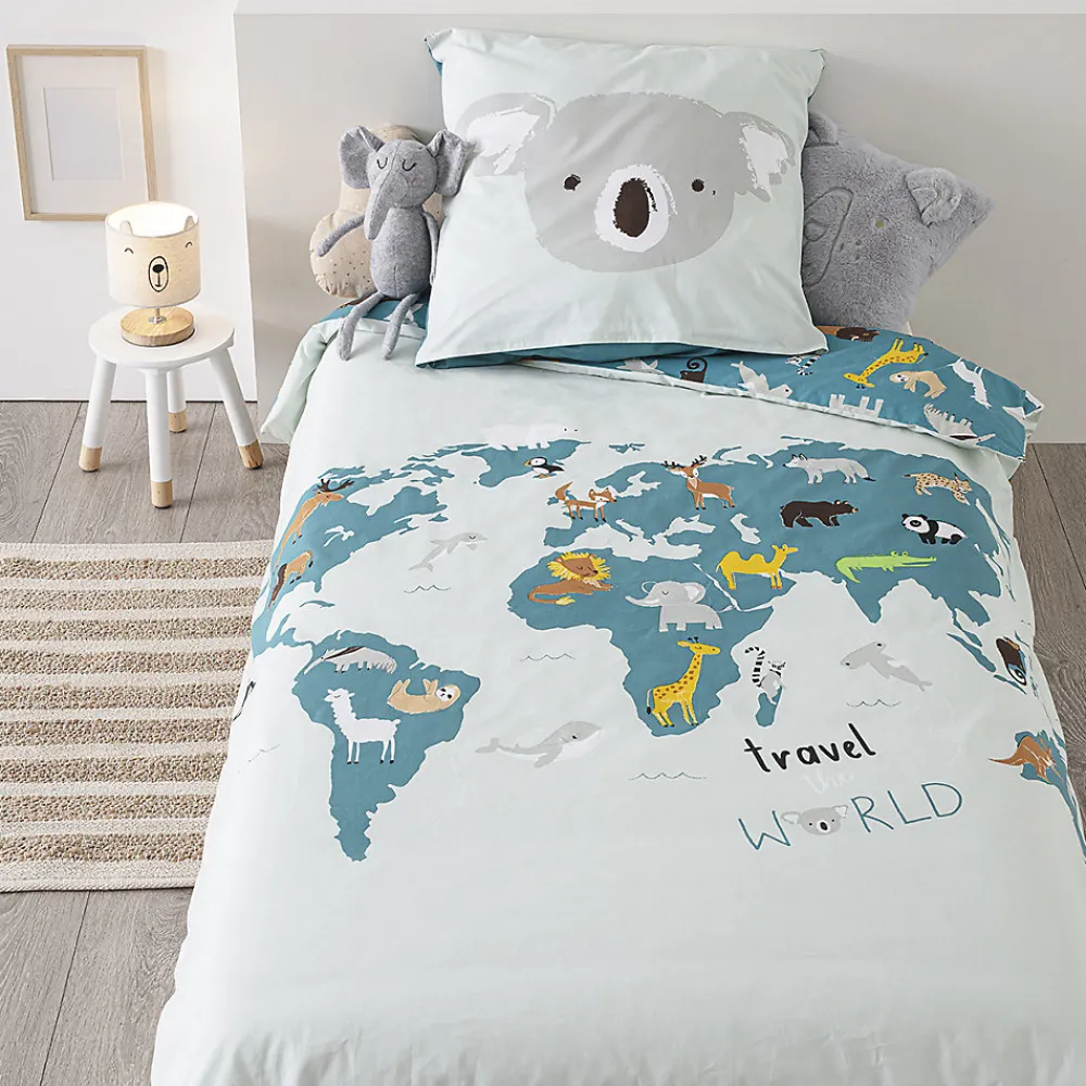 Parure de lit enfant Carte du monde - coton 140x200 cm - Atmosphera>Atmosphera Créateur D'Intérieur Discount