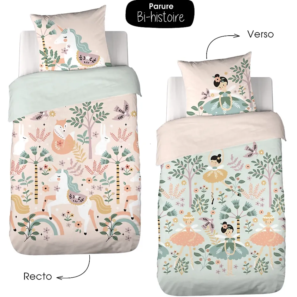 Côté Déco Parure de lit enfant Licorne - 140x200 cm + 1 taie - Coton 57 fils,cm² - 140x200cm - Rose* Housse De Couette