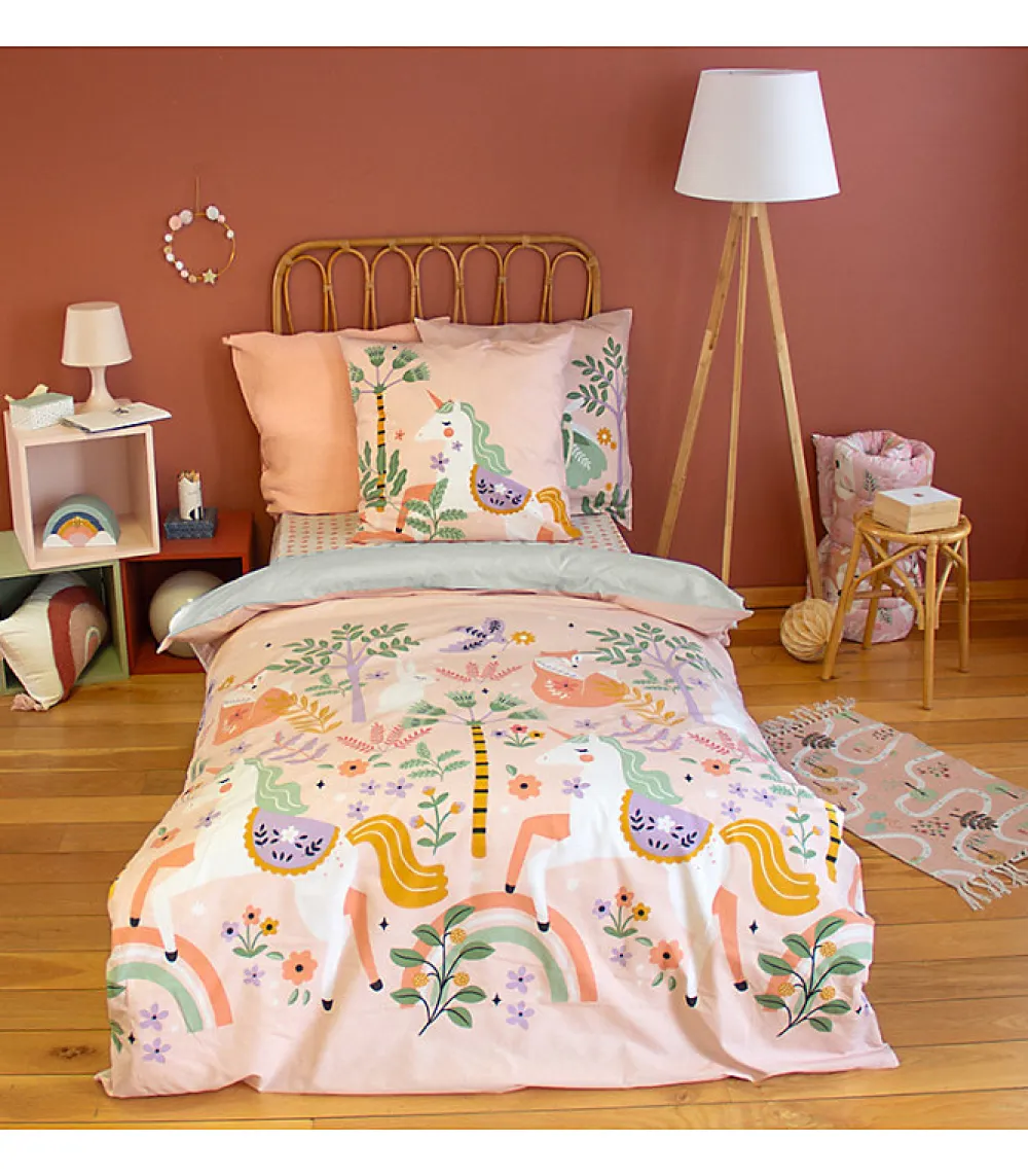 Côté Déco Parure de lit enfant Licorne - 140x200 cm + 1 taie - Coton 57 fils,cm² - 140x200cm - Rose* Housse De Couette