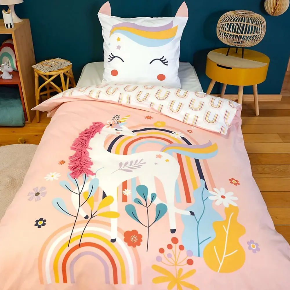 Côté Déco Parure de lit enfant Licorne avec oreilles rembourrées - 100% coton 57 fils/cm²* Parure De Lit