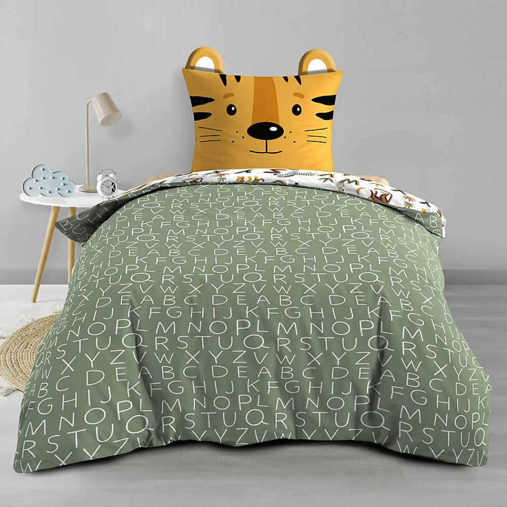 Parure de lit enfant TIGRY 140x200 cm 100% coton 1 taie tête de tigre Réversible alphabet & jungle>Douceur D'Intérieur Outlet