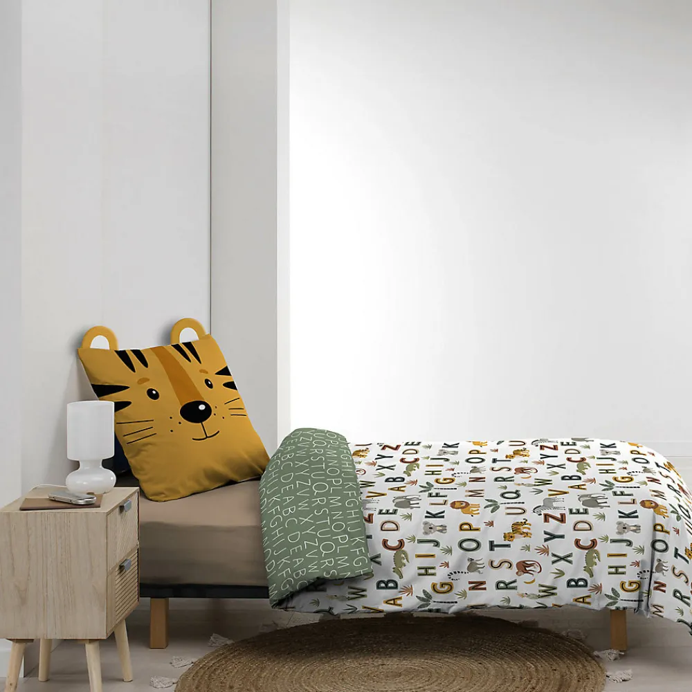 Parure de lit enfant TIGRY 140x200 cm 100% coton 1 taie tête de tigre Réversible alphabet & jungle>Douceur D'Intérieur Outlet