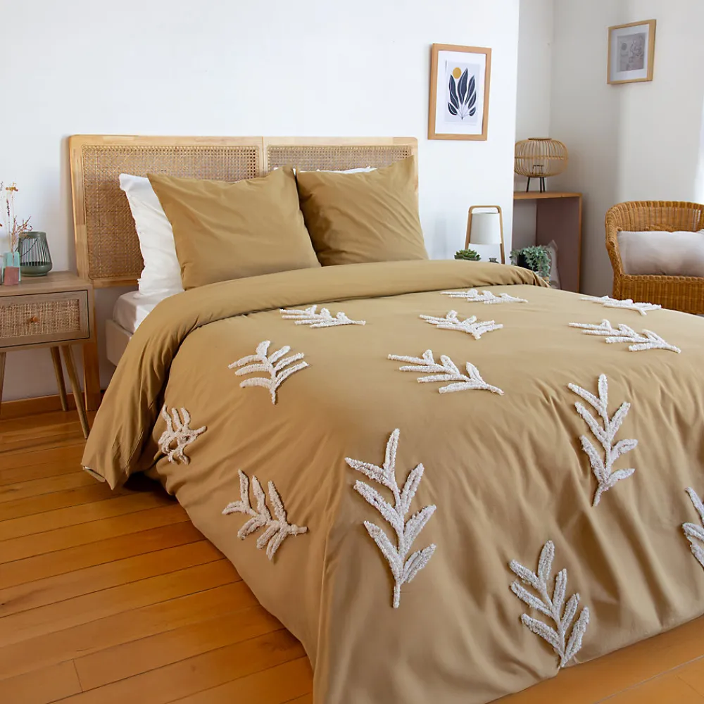 Parure de lit FEUILLU - 240x220 cm - Coton lavé tufté - 52 fils,cm² - Moutarde - 220x240cm - Moutarde>Côté Déco Best