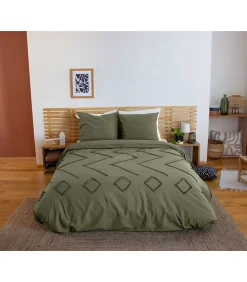 Côté Déco Parure de lit KAYL - 240x220 cm - Coton BCI lavé tufté - 52 fils,cm² - Kaki - 220x240cm - Vert kaki* Housse De Couette
