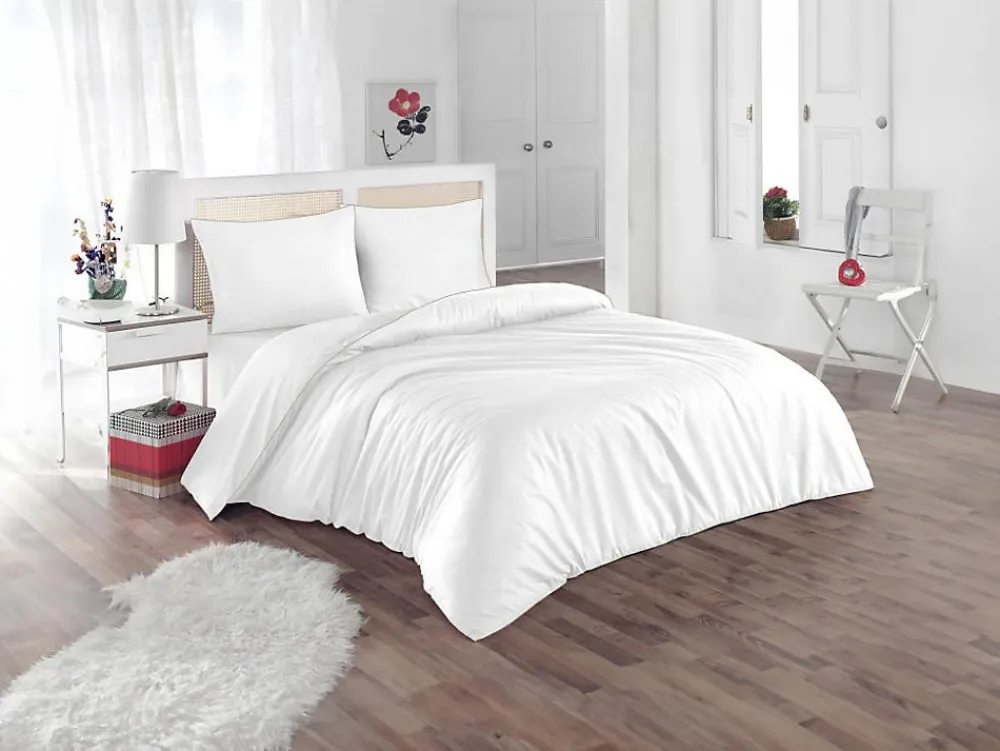 Parure de lit percale de coton 80 fils/cm² - Housse de couette 220 x 240 cm + 2 taies d'oreiller 63 x 63 cm - Blanc passepoil>Vente-unique Online