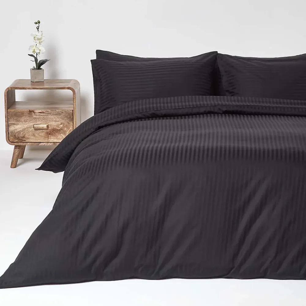 Homescapes Parure de lit satin rayé en coton égyptien 330 fils noir, 200x200cm -* Parure De Lit