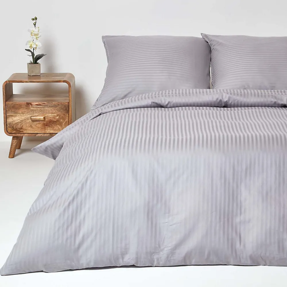 Parure de lit satin rayé en coton égyptien 330 fils gris, 240x220cm ->Homescapes Sale