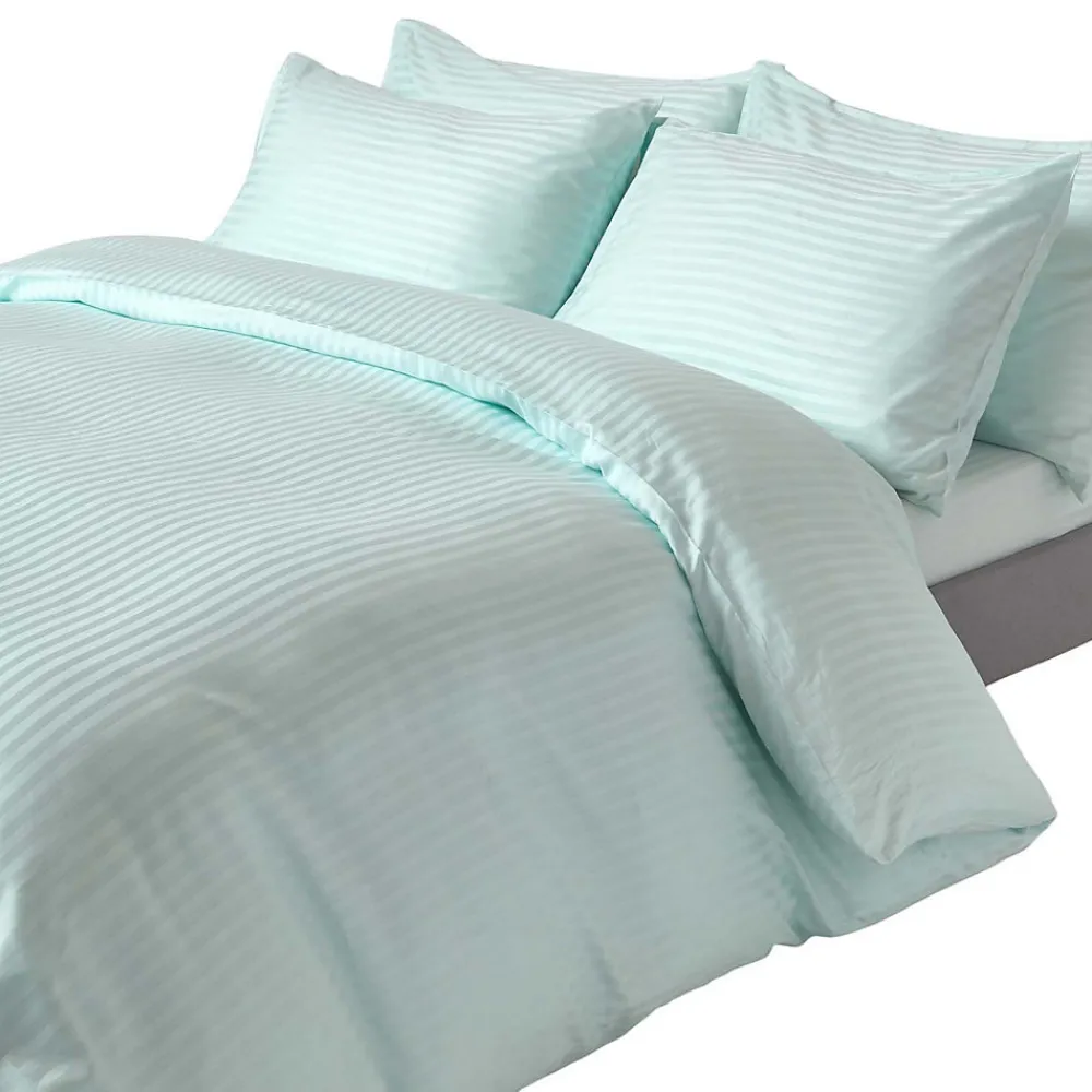 Parure de lit satin rayé en coton égyptien 330 fils bleu, 200x200cm ->Homescapes