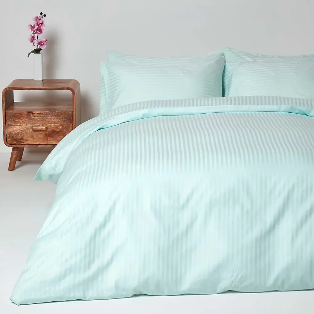 Homescapes Parure de lit satin rayé en coton égyptien 330 fils bleu, 230x220cm -* Parure De Lit