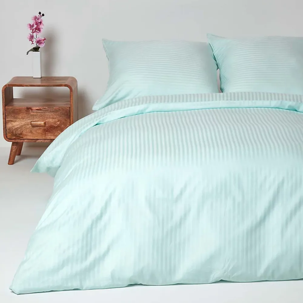 Homescapes Parure de lit satin rayé en coton égyptien 330 fils bleu, 240x220cm -* Parure De Lit