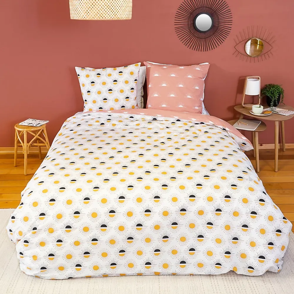 Linnea Parure de lit TERRAMEA 260x240 cm pur coton blanc motifs solaires 3 pièces* Parure De Lit
