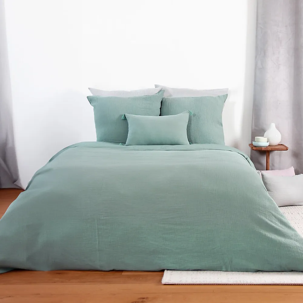 Parure de lit 260x240 cm double gaze de coton GAZGAZ vert amande 3 pièces>Linnea Clearance