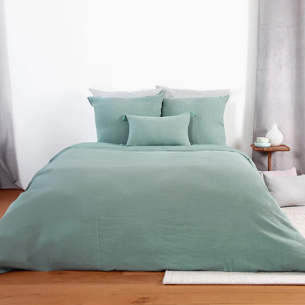 Parure de lit 240x220 cm double gaze de coton GAZGAZ vert amande 3 pièces>Linnea Best