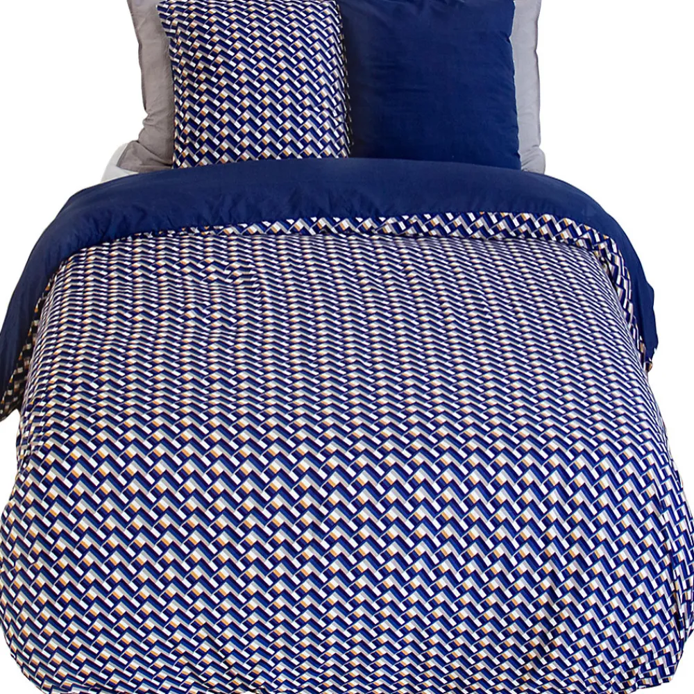 Parure de lit 260x240 cm en microfibre LOSS bleu foncé motif géométrique 3 pièces>Linnea