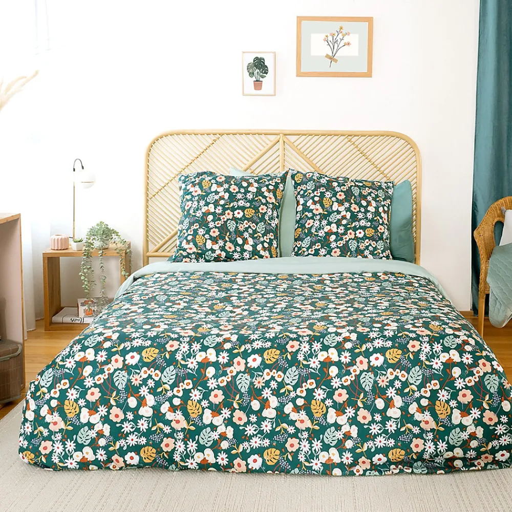 Parure de lit 260x240 cm microfibre CUEILLETTE vert 3 pièces>Linnea New