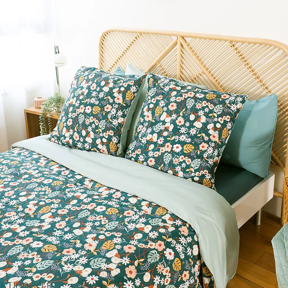 Parure de lit 260x240 cm microfibre CUEILLETTE vert 3 pièces>Linnea New